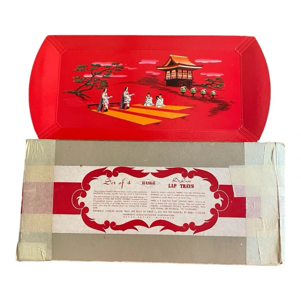 Vintage Hasko Deluxe Lap Trays Red Asian Pagoda Scene MCM Set of 4